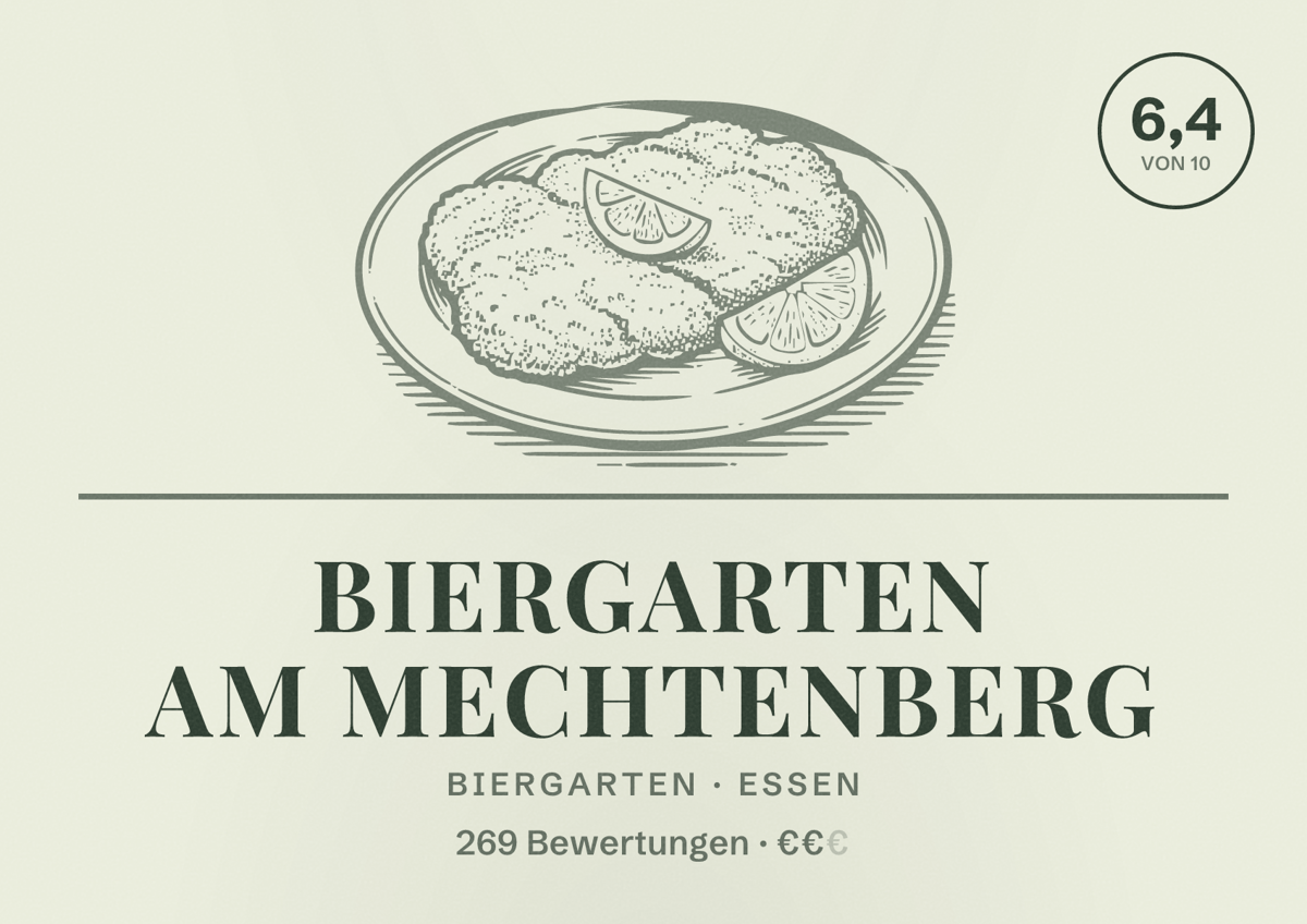 Illustriertes Poster von Biergarten am Mechtenberg, Biergarten in Essen: Bewertung 6,4 von 10 aus 269 Bewertungen, Preisniveau €€