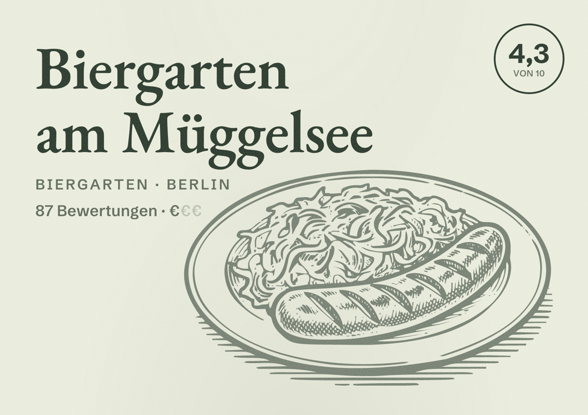 Illustriertes Poster von Biergarten am Müggelsee, Biergarten in Berlin: Bewertung 4,3 von 10 aus 87 Bewertungen, Preisniveau €