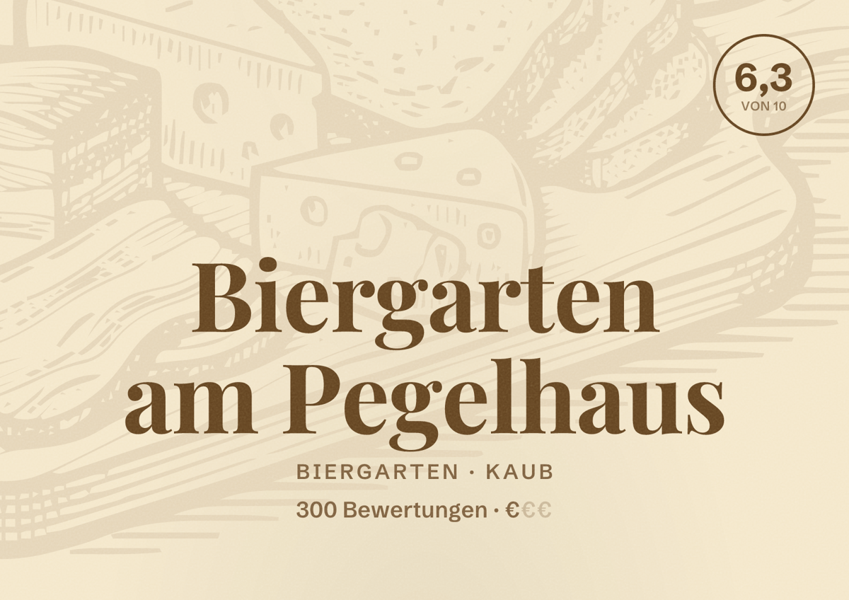 Illustriertes Poster von Biergarten am Pegelhaus, Biergarten in Kaub: Bewertung 6,3 von 10 aus 300 Bewertungen, Preisniveau €