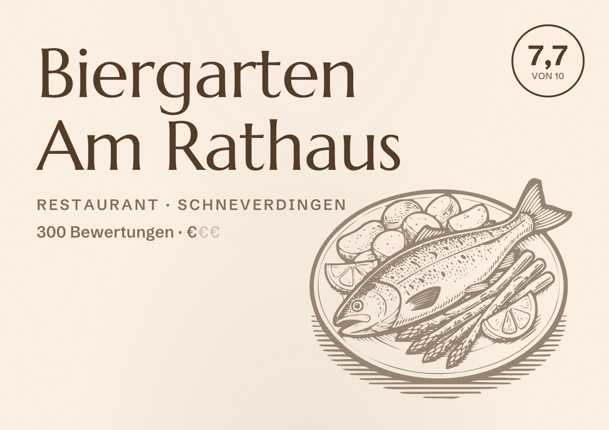 Illustriertes Poster von Biergarten Am Rathaus, Restaurant in Schneverdingen: Bewertung 7,7 von 10 aus 300 Bewertungen, Preisniveau €