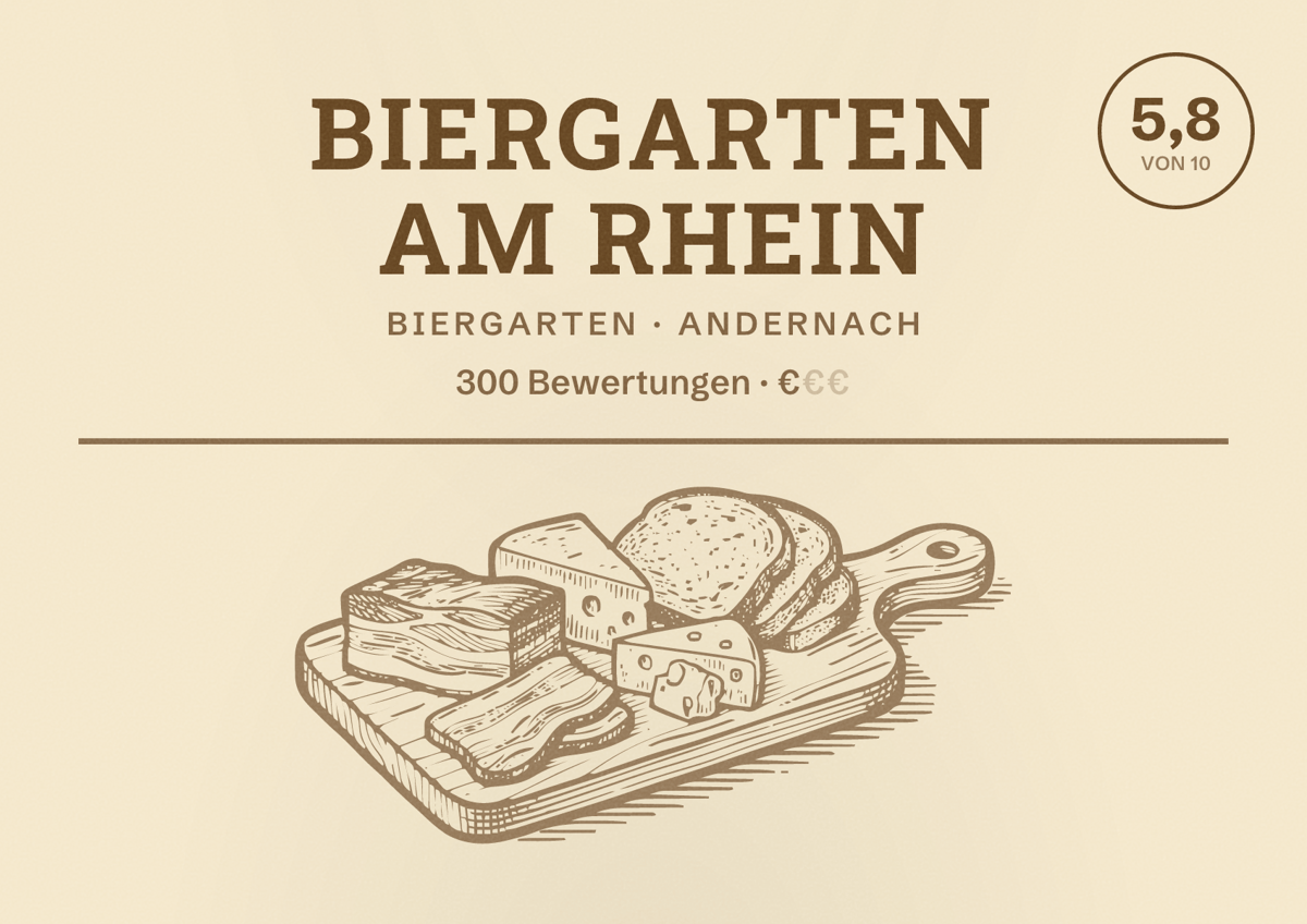 Illustriertes Poster von Biergarten am Rhein, Biergarten in Andernach: Bewertung 5,8 von 10 aus 300 Bewertungen, Preisniveau €