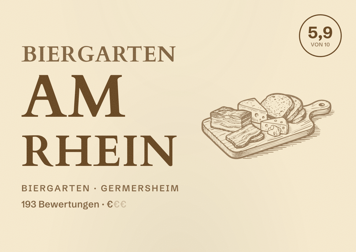 Illustriertes Poster von Biergarten am Rhein, Biergarten in Germersheim: Bewertung 5,9 von 10 aus 193 Bewertungen, Preisniveau €