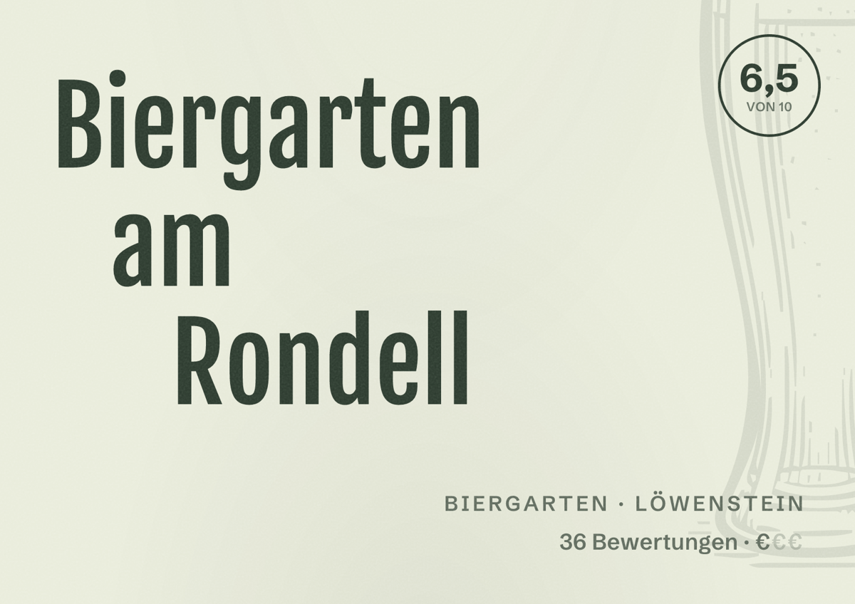 Illustriertes Poster von Biergarten am Rondell, Biergarten in Löwenstein: Bewertung 6,5 von 10 aus 36 Bewertungen, Preisniveau €