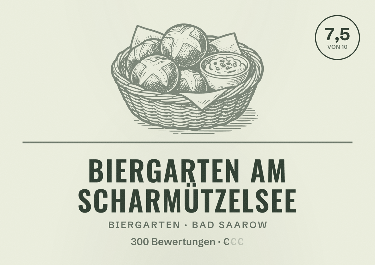 Illustriertes Poster von Biergarten am Scharmützelsee, Biergarten in Bad Saarow: Bewertung 7,5 von 10 aus 300 Bewertungen, Preisniveau €