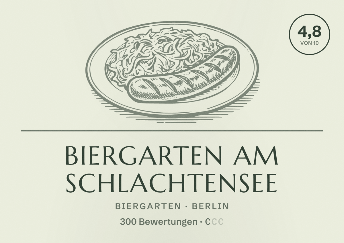 Illustriertes Poster von Biergarten am Schlachtensee, Biergarten in Berlin: Bewertung 4,8 von 10 aus 300 Bewertungen, Preisniveau €