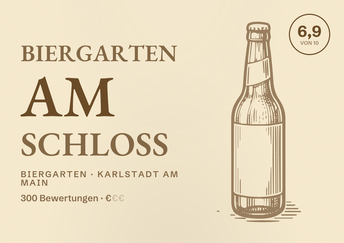 Illustriertes Poster von Biergarten am Schloss, Biergarten in Karlstadt am Main: Bewertung 6,9 von 10 aus 300 Bewertungen, Preisniveau €