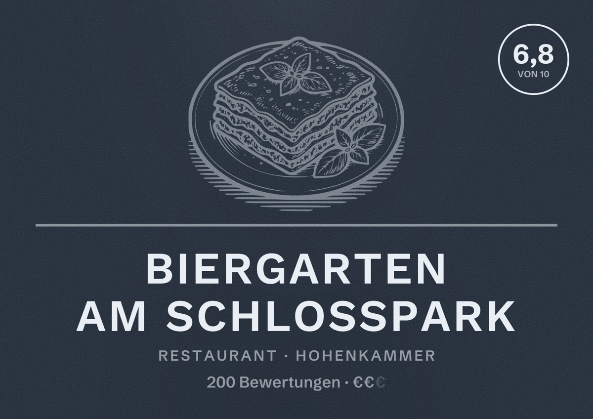 Illustriertes Poster von Biergarten am Schlosspark, Restaurant in Hohenkammer: Bewertung 6,8 von 10 aus 200 Bewertungen, Preisniveau €€