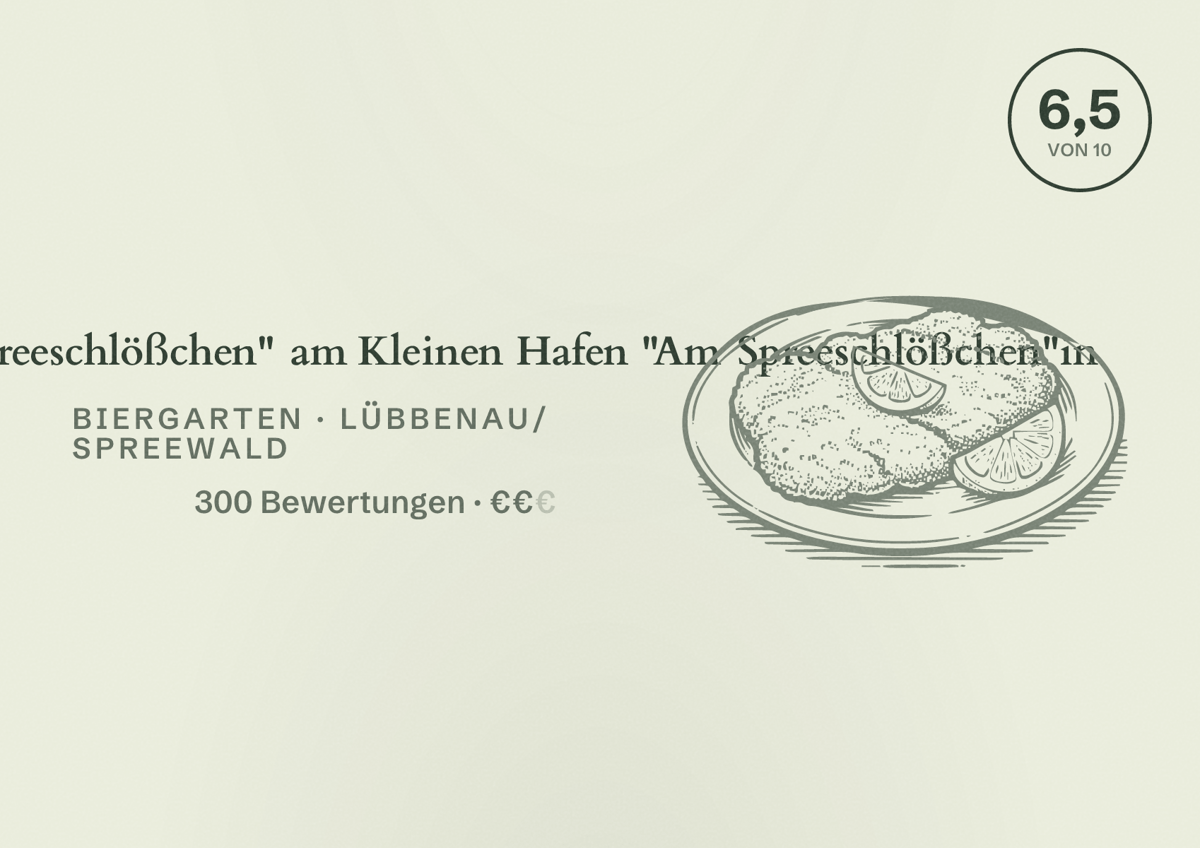Illustriertes Poster von Biergarten "Am Spreeschlößchen" am Kleinen Hafen "Am Spreeschlößchen"in, Biergarten in Lübbenau/Spreewald: Bewertung 6,5 von 10 aus 300 Bewertungen, Preisniveau €
