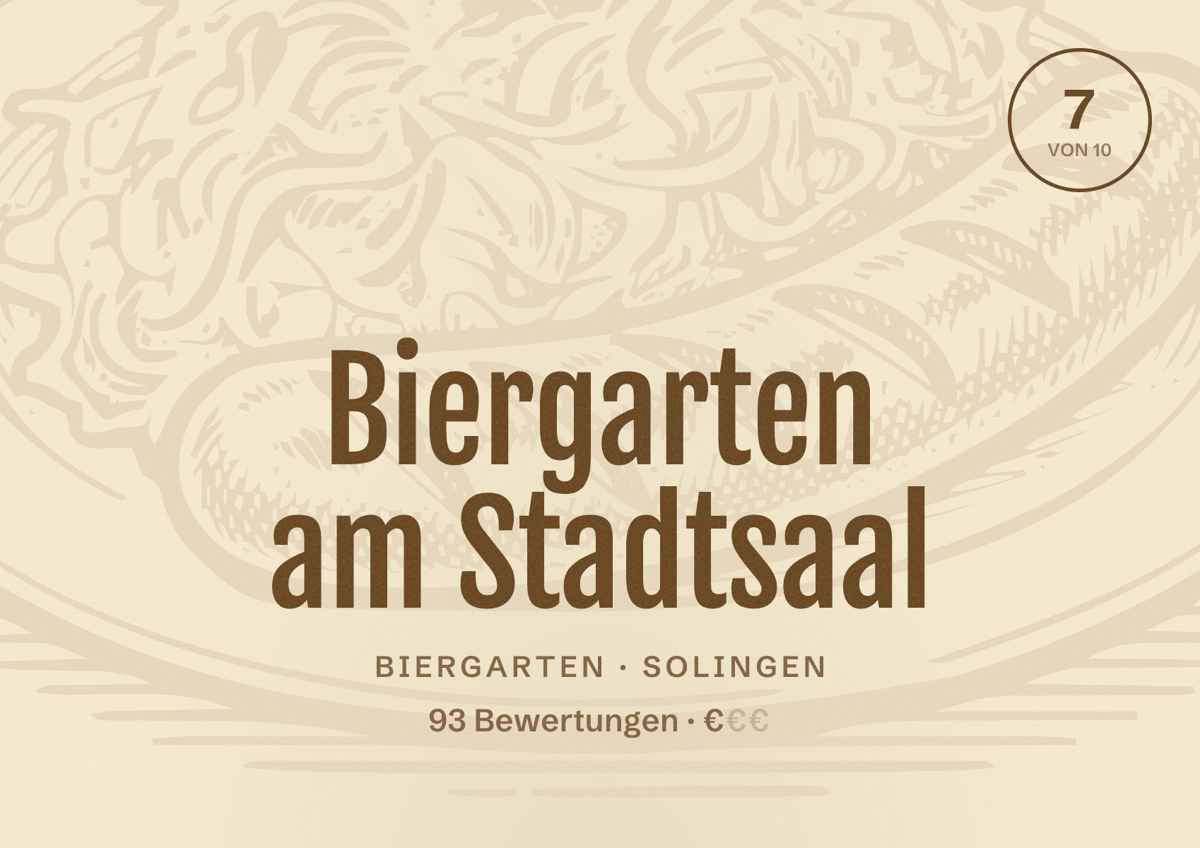Illustriertes Poster von Biergarten am Stadtsaal, Biergarten in Solingen: Bewertung 7 von 10 aus 93 Bewertungen, Preisniveau €