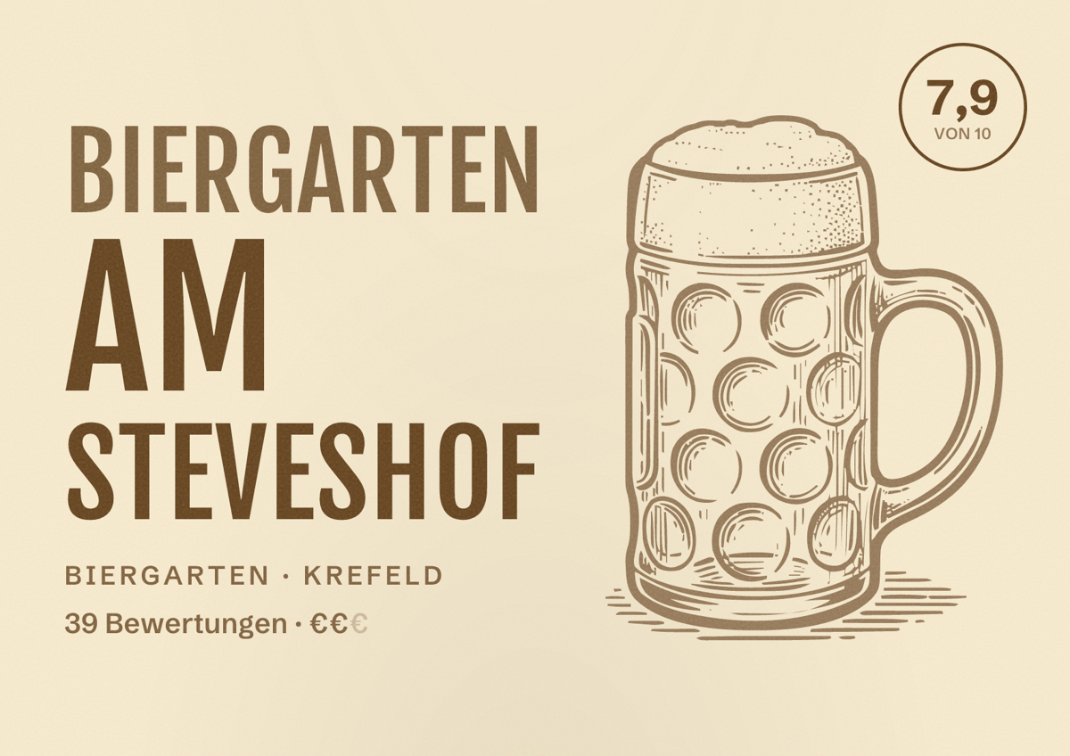 Illustriertes Poster von Biergarten am Steveshof, Biergarten in Krefeld: Bewertung 7,9 von 10 aus 39 Bewertungen, Preisniveau €€