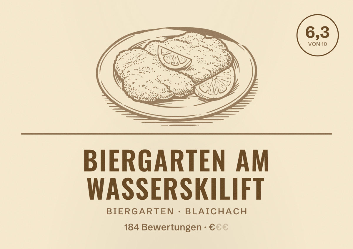 Illustriertes Poster von Biergarten am Wasserskilift, Biergarten in Blaichach: Bewertung 6,3 von 10 aus 184 Bewertungen, Preisniveau €
