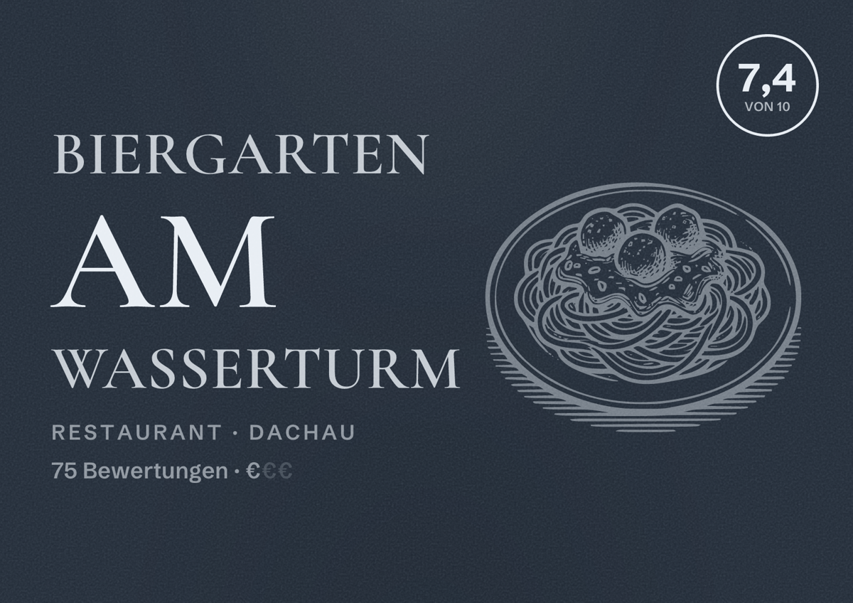 Illustriertes Poster von Biergarten am Wasserturm, Restaurant in Dachau: Bewertung 7,4 von 10 aus 75 Bewertungen, Preisniveau €