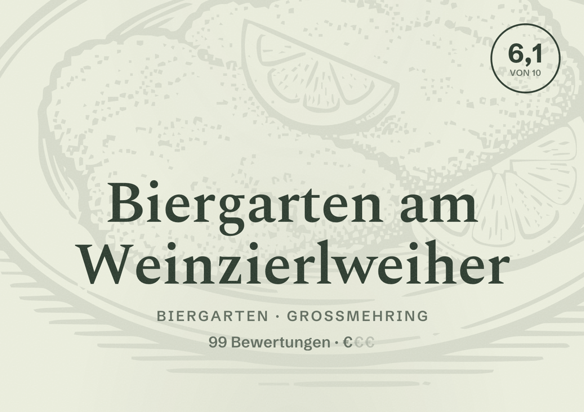 Illustriertes Poster von Biergarten am Weinzierlweiher, Biergarten in Großmehring: Bewertung 6,1 von 10 aus 99 Bewertungen, Preisniveau €