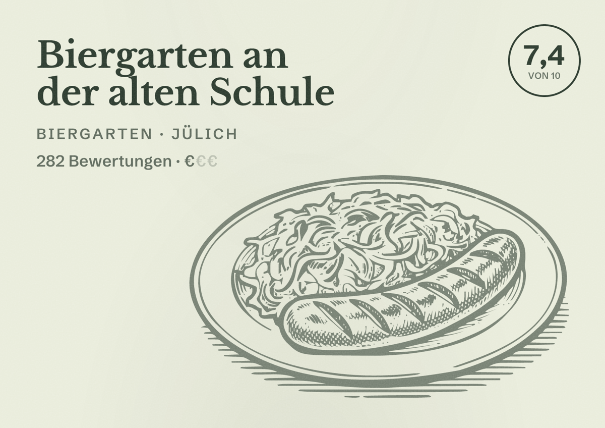 Illustriertes Poster von Biergarten an der alten Schule, Biergarten in Jülich: Bewertung 7,4 von 10 aus 282 Bewertungen, Preisniveau €