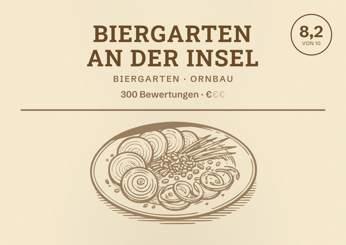 Illustriertes Poster von Biergarten an der Insel, Biergarten in Ornbau: Bewertung 8,2 von 10 aus 300 Bewertungen, Preisniveau €