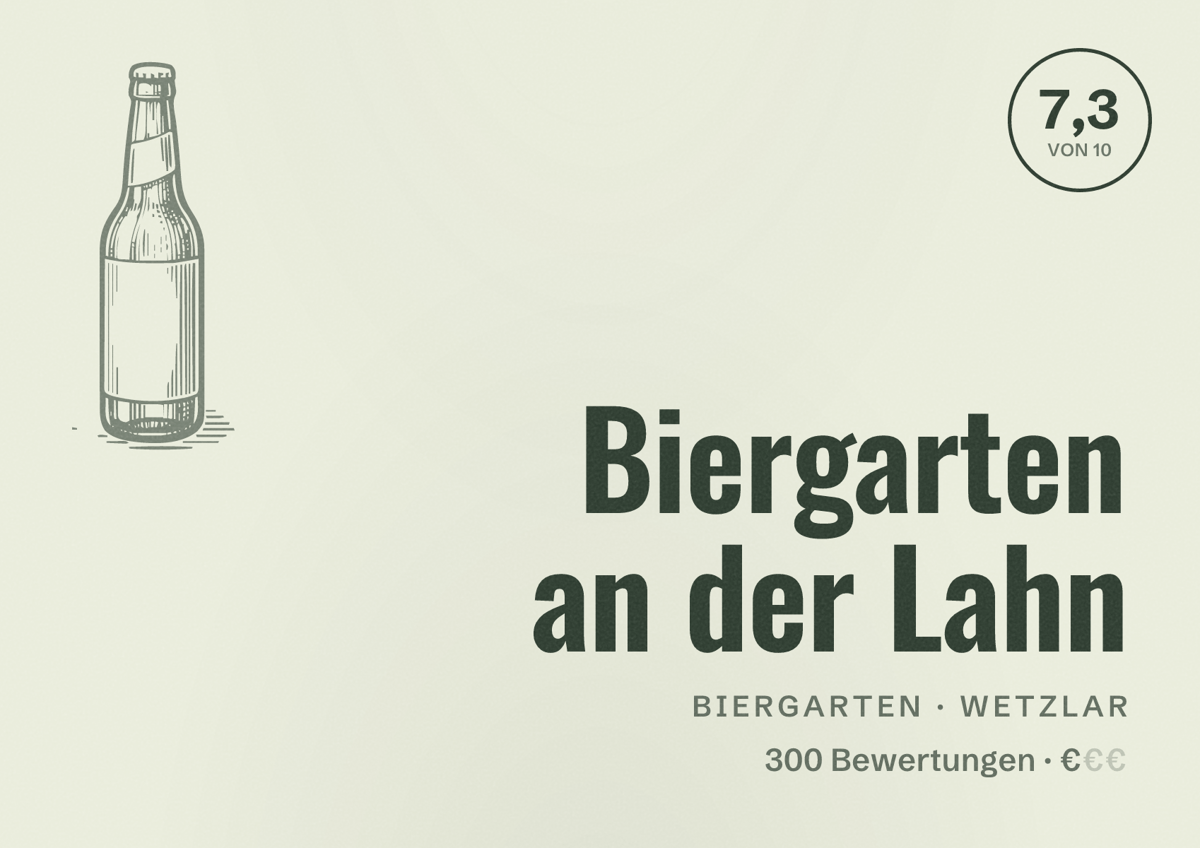 Illustriertes Poster von Biergarten an der Lahn, Biergarten in Wetzlar: Bewertung 7,3 von 10 aus 300 Bewertungen, Preisniveau €