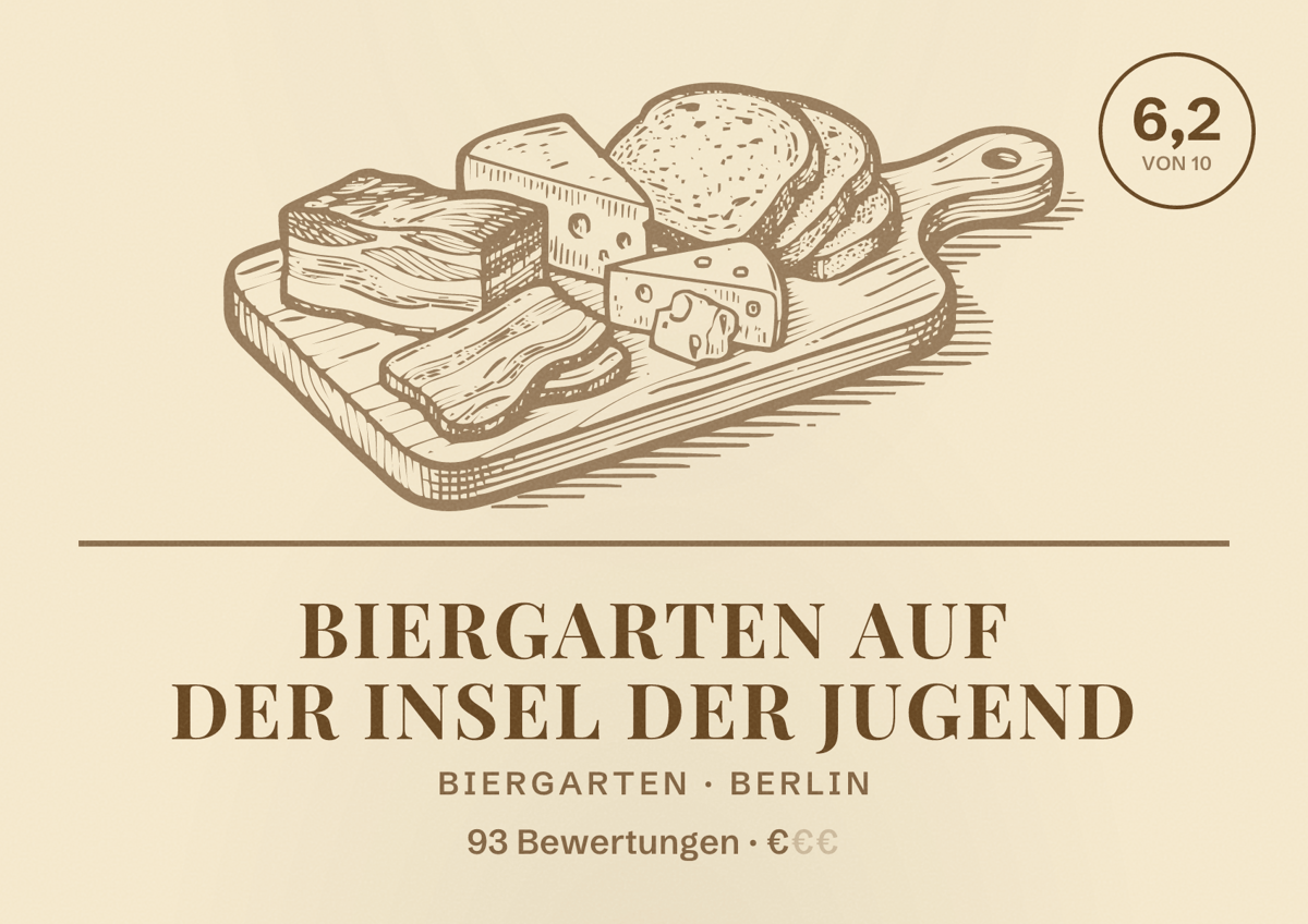 Illustriertes Poster von Biergarten auf der Insel der Jugend, Biergarten in Berlin: Bewertung 6,2 von 10 aus 93 Bewertungen, Preisniveau €
