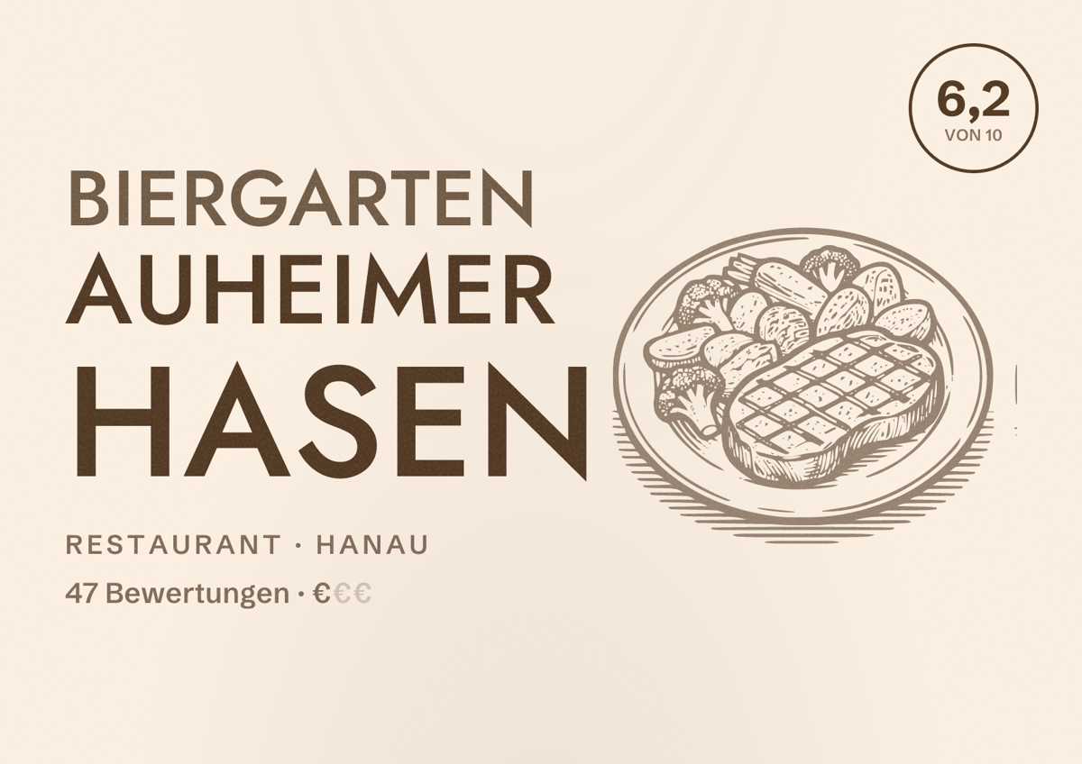 Illustriertes Poster von Biergarten Auheimer Hasen, Restaurant in Hanau: Bewertung 6,2 von 10 aus 47 Bewertungen, Preisniveau €
