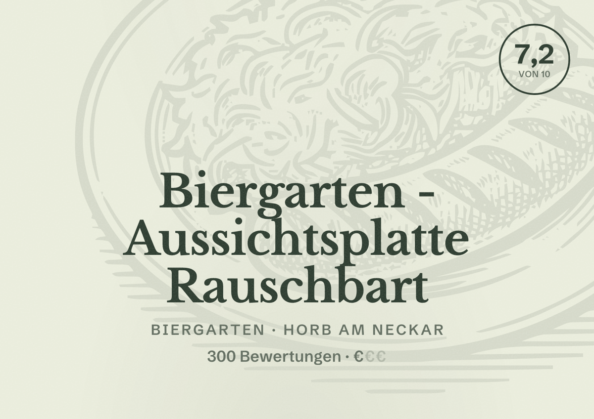 Illustriertes Poster von Biergarten - Aussichtsplatte Rauschbart, Biergarten in Horb am Neckar: Bewertung 7,2 von 10 aus 300 Bewertungen, Preisniveau €