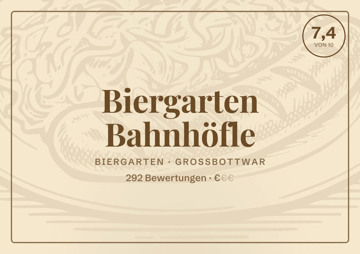 Illustriertes Poster von Biergarten Bahnhöfle, Biergarten in Großbottwar: Bewertung 7,4 von 10 aus 292 Bewertungen, Preisniveau €