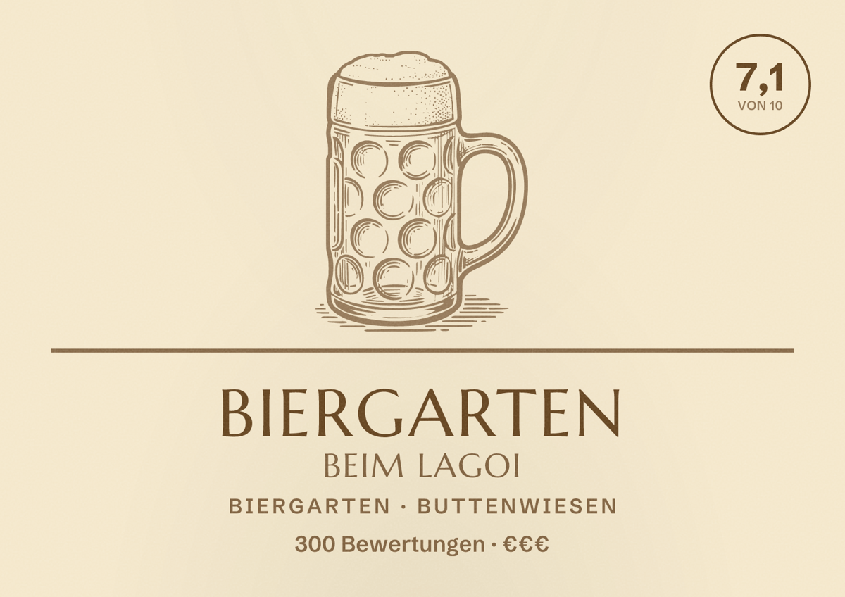 Illustriertes Poster von Biergarten Beim Lagoi, Biergarten in Buttenwiesen: Bewertung 7,1 von 10 aus 300 Bewertungen, Preisniveau €€€