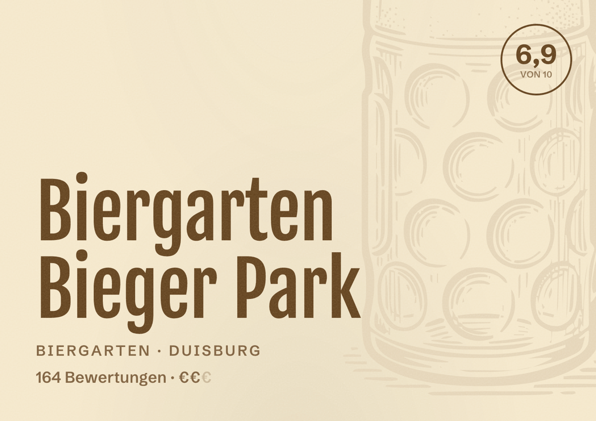 Illustriertes Poster von Biergarten Bieger Park, Biergarten in Duisburg: Bewertung 6,9 von 10 aus 164 Bewertungen, Preisniveau €€