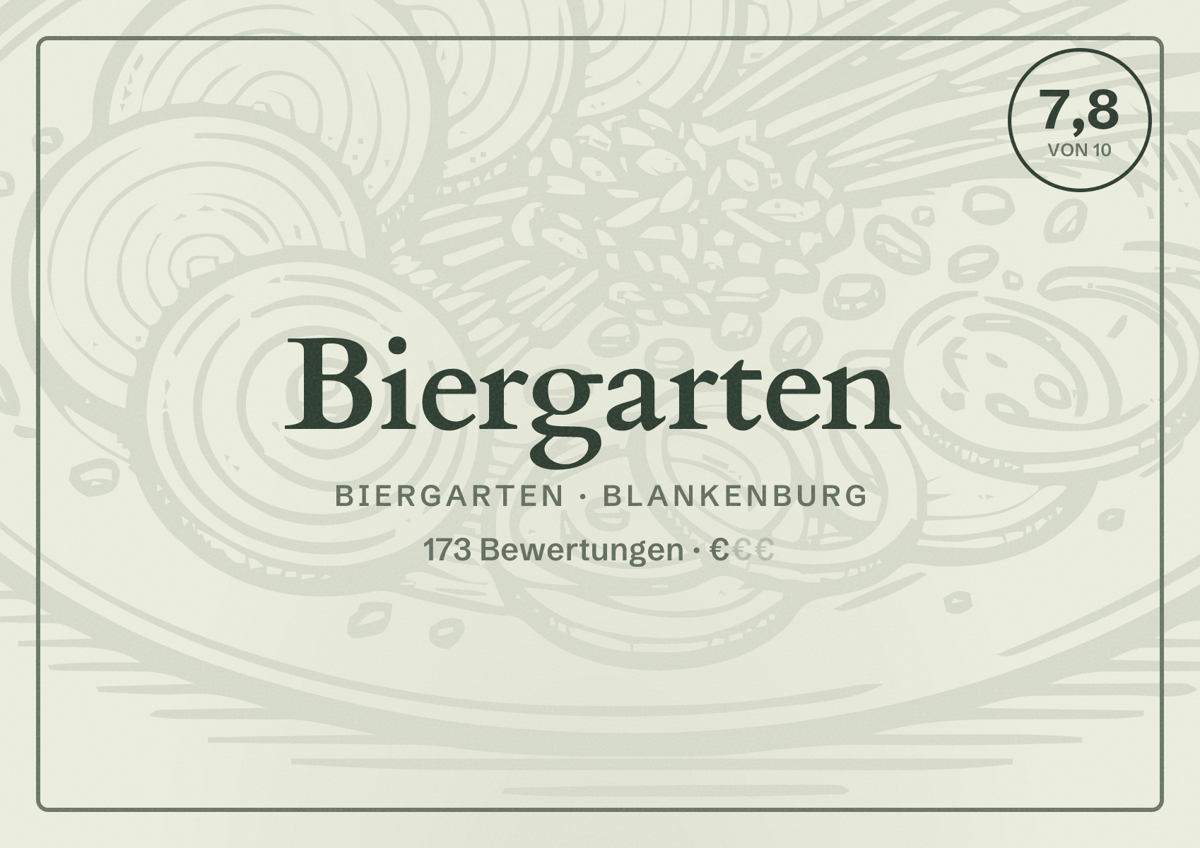 Illustriertes Poster von Biergarten, Biergarten in Blankenburg: Bewertung 7,8 von 10 aus 173 Bewertungen, Preisniveau €