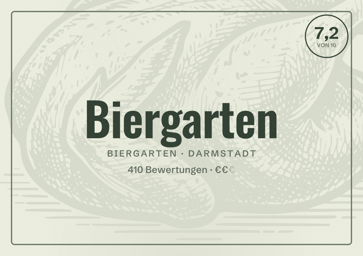 Illustriertes Poster von Biergarten, Biergarten in Darmstadt: Bewertung 7,2 von 10 aus 410 Bewertungen, Preisniveau €€