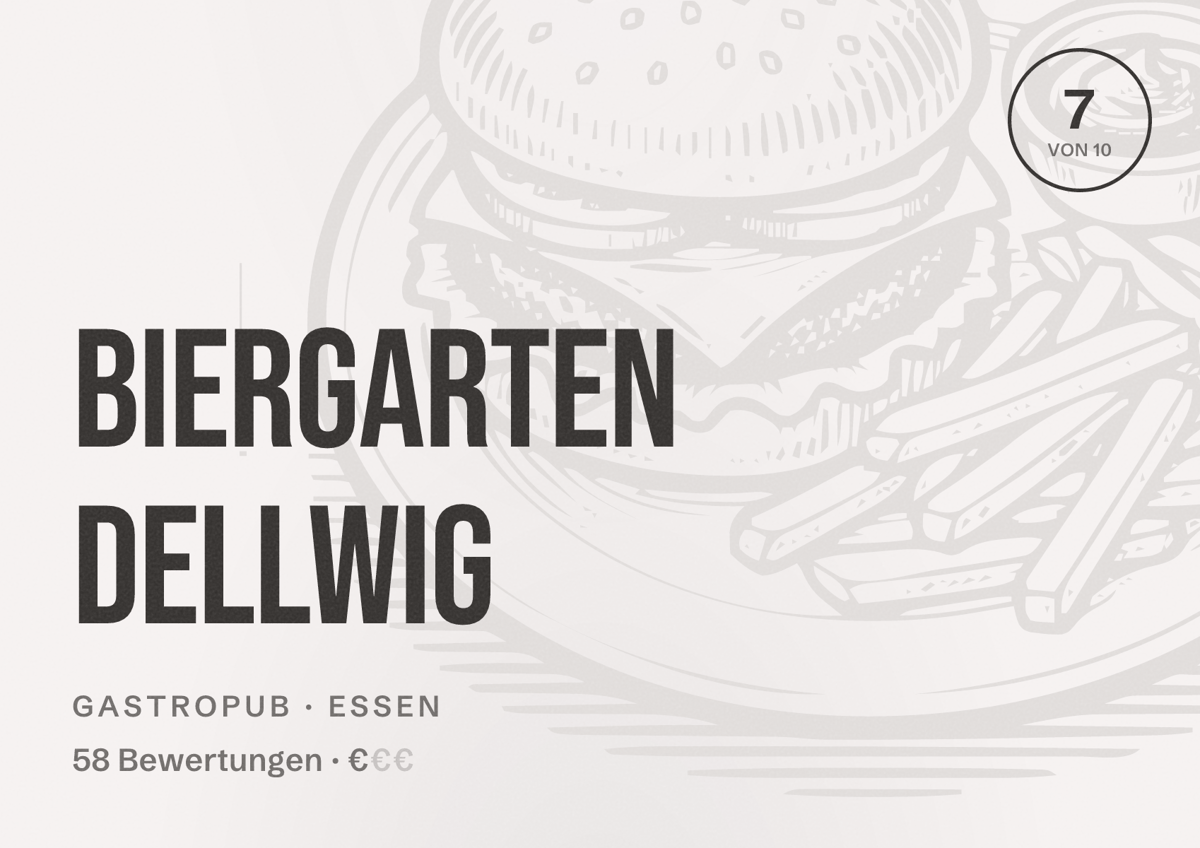 Illustriertes Poster von Biergarten Dellwig, Gastropub in Essen: Bewertung 7 von 10 aus 58 Bewertungen, Preisniveau €