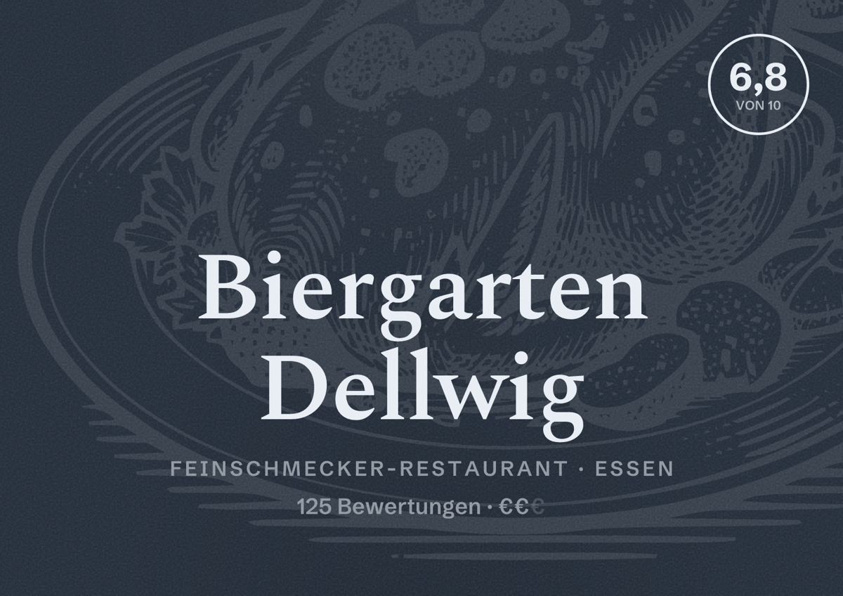 Illustriertes Poster von Biergarten Dellwig, Feinschmecker-Restaurant in Essen: Bewertung 6,8 von 10 aus 125 Bewertungen, Preisniveau €€