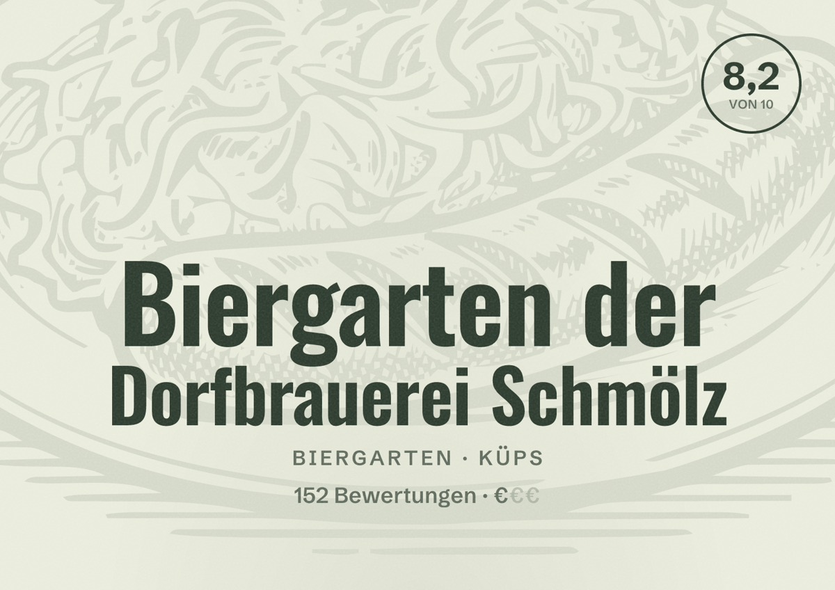 Illustriertes Poster von Biergarten der Dorfbrauerei Schmölz, Biergarten in Küps: Bewertung 8,2 von 10 aus 152 Bewertungen, Preisniveau €