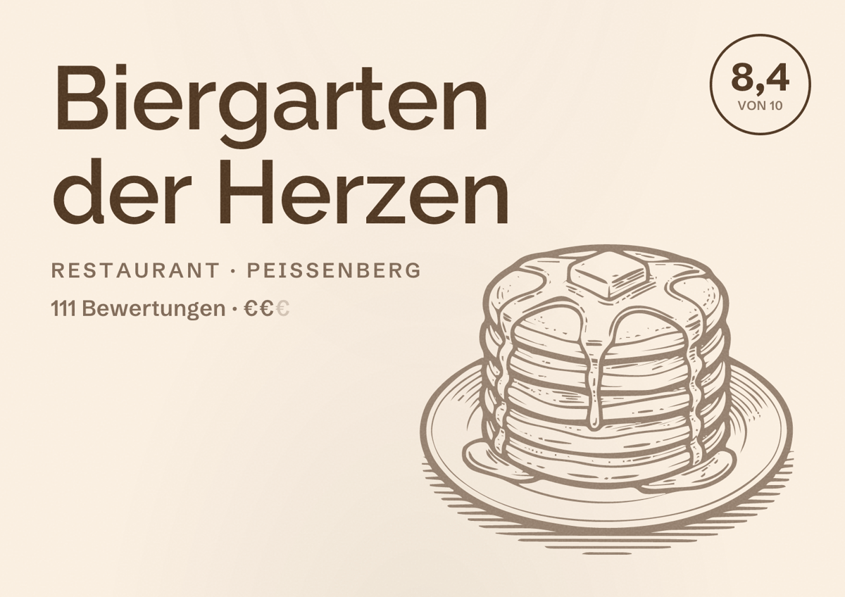 Illustriertes Poster von Biergarten der Herzen, Restaurant in Peißenberg: Bewertung 8,4 von 10 aus 111 Bewertungen, Preisniveau €€