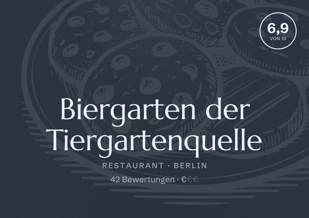 Illustriertes Poster von Biergarten der Tiergartenquelle, Restaurant in Berlin: Bewertung 6,9 von 10 aus 42 Bewertungen, Preisniveau €