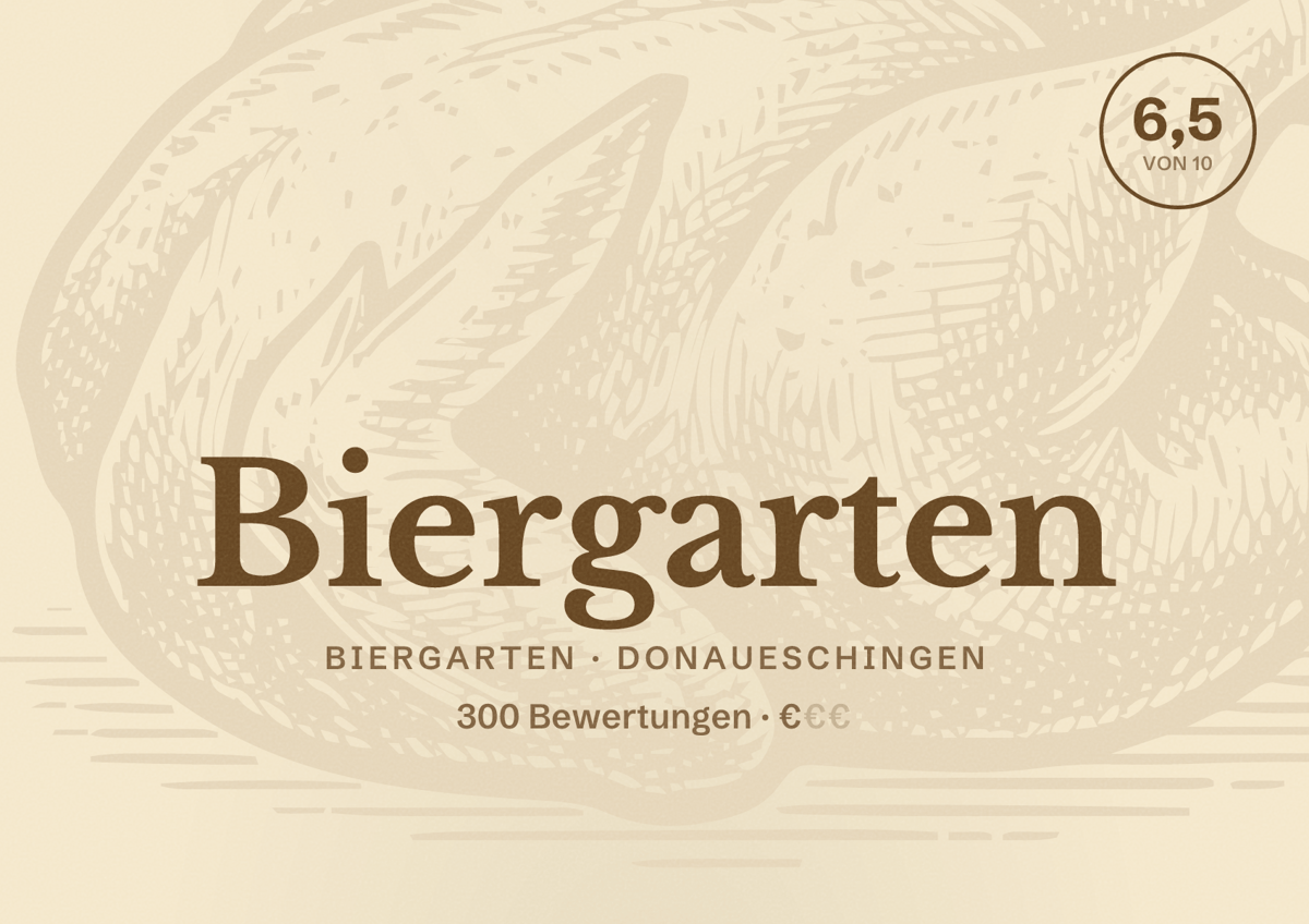 Illustriertes Poster von Biergarten, Biergarten in Donaueschingen: Bewertung 6,5 von 10 aus 300 Bewertungen, Preisniveau €