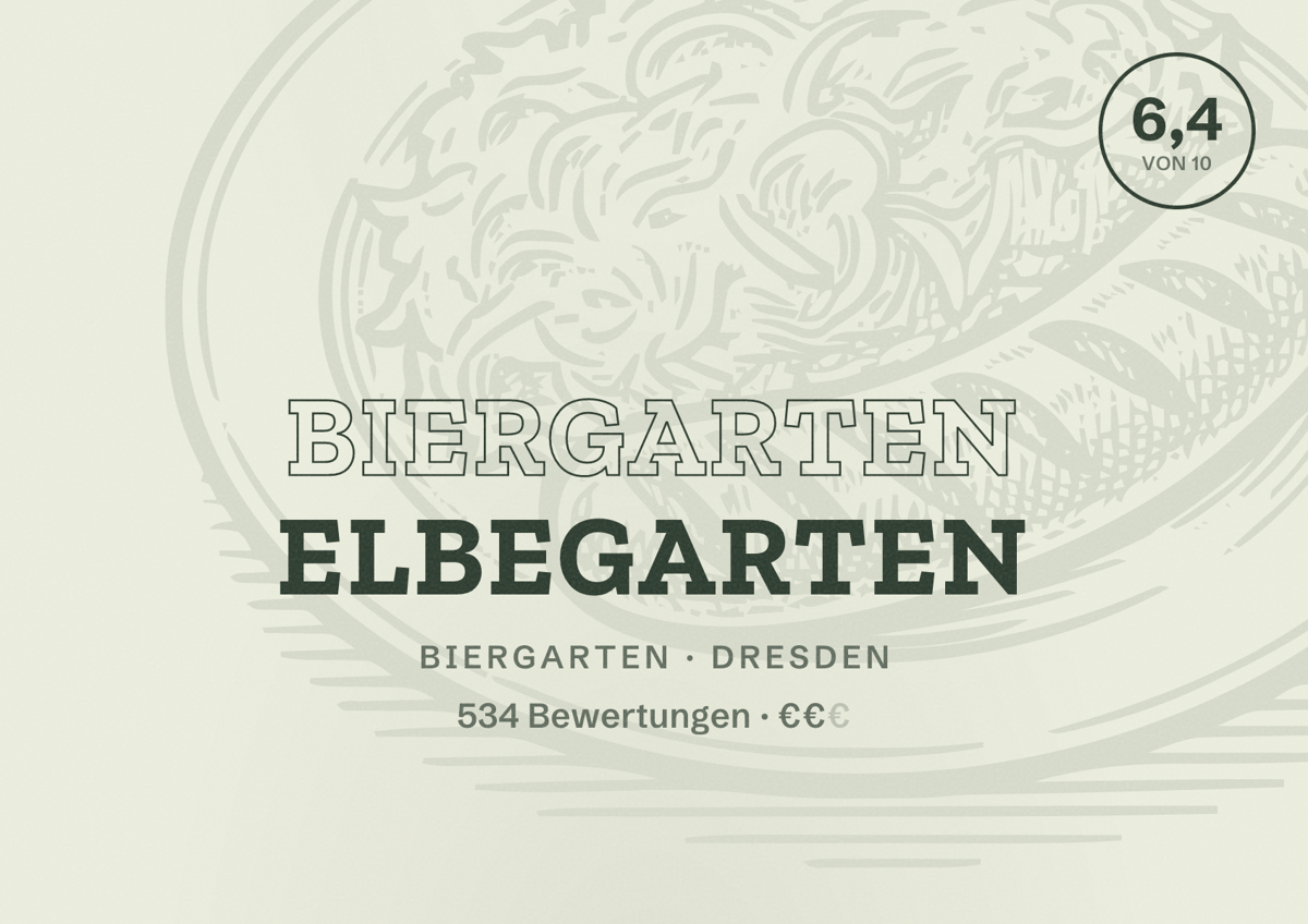 Illustriertes Poster von Biergarten ElbeGarten, Biergarten in Dresden: Bewertung 6,4 von 10 aus 534 Bewertungen, Preisniveau €€