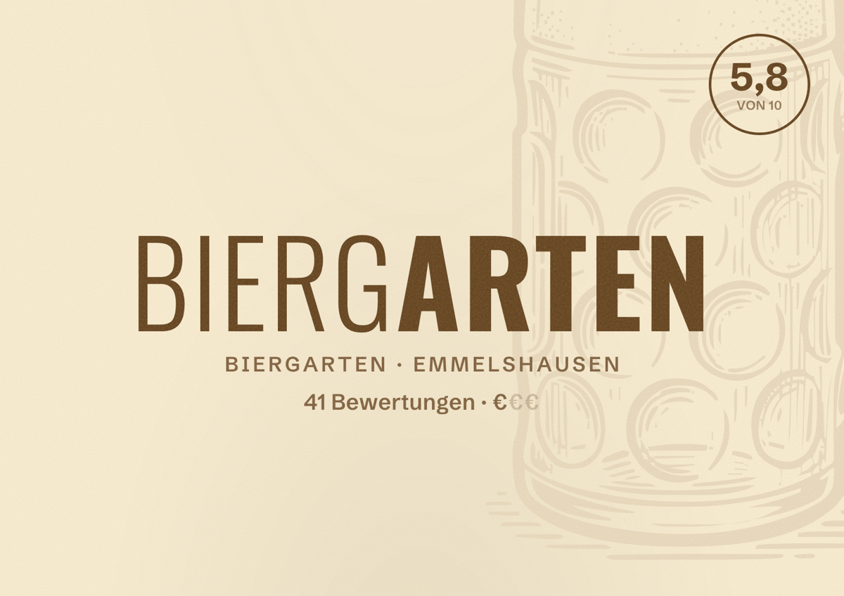 Illustriertes Poster von Biergarten, Biergarten in Emmelshausen: Bewertung 5,8 von 10 aus 41 Bewertungen, Preisniveau €