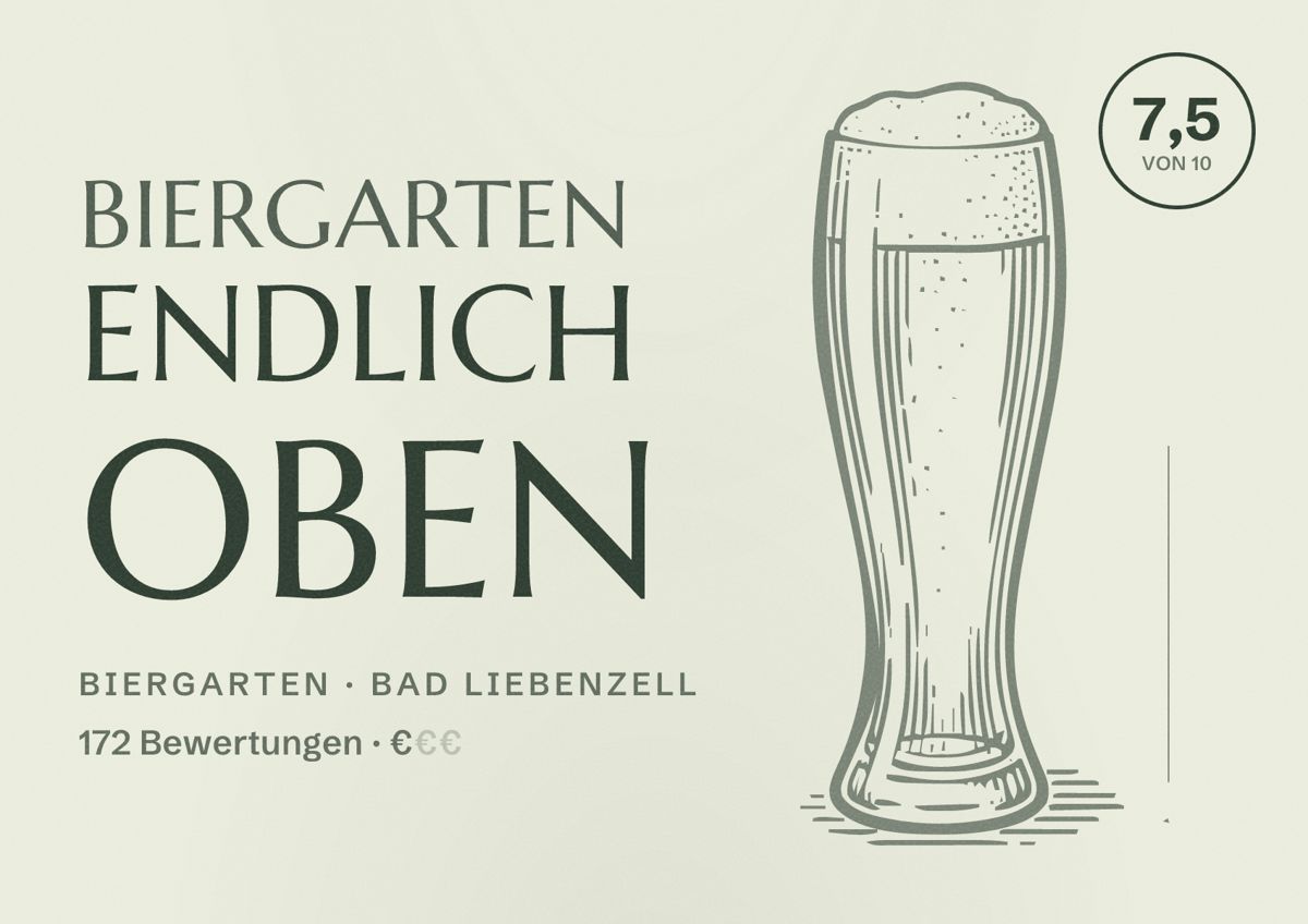 Illustriertes Poster von Biergarten Endlich Oben, Biergarten in Bad Liebenzell: Bewertung 7,5 von 10 aus 172 Bewertungen, Preisniveau €