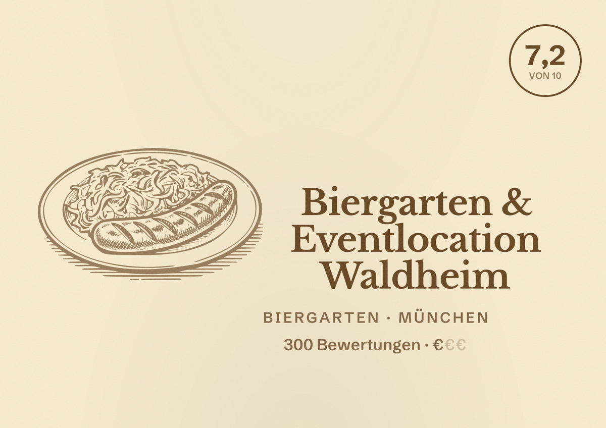Illustriertes Poster von Biergarten & Eventlocation Waldheim, Biergarten in München: Bewertung 7,2 von 10 aus 300 Bewertungen, Preisniveau €