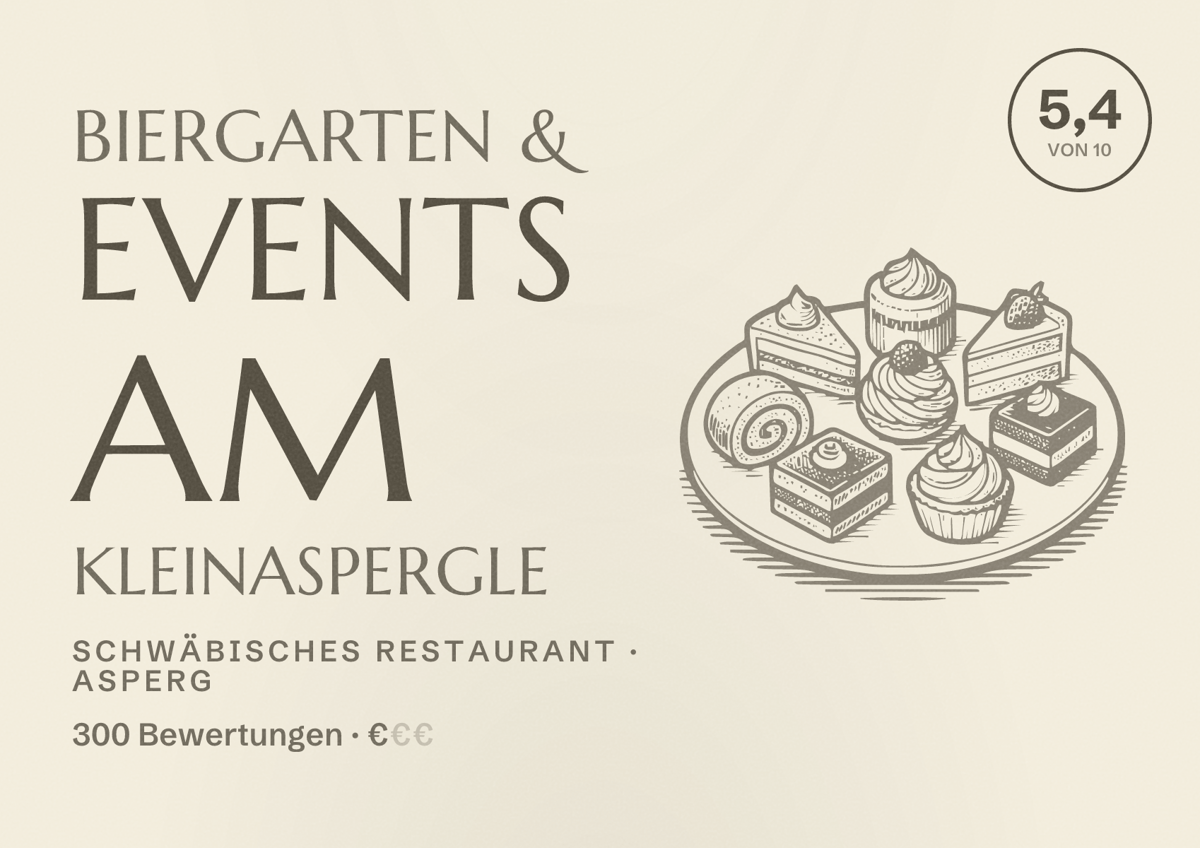 Illustriertes Poster von BIERGARTEN & EVENTS am KleinAspergle, Schwäbisches Restaurant in Asperg: Bewertung 5,4 von 10 aus 300 Bewertungen, Preisniveau €