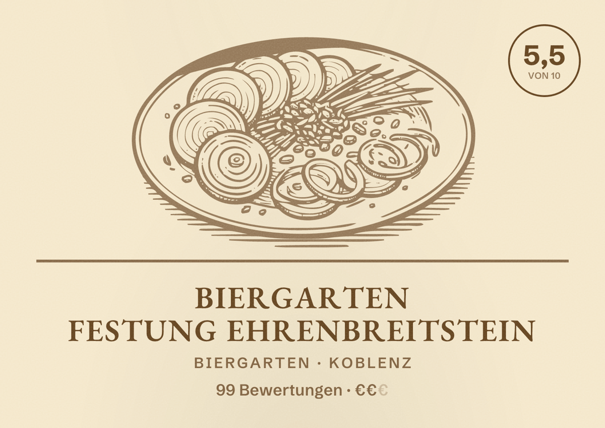 Illustriertes Poster von Biergarten Festung Ehrenbreitstein, Biergarten in Koblenz: Bewertung 5,5 von 10 aus 99 Bewertungen, Preisniveau €€