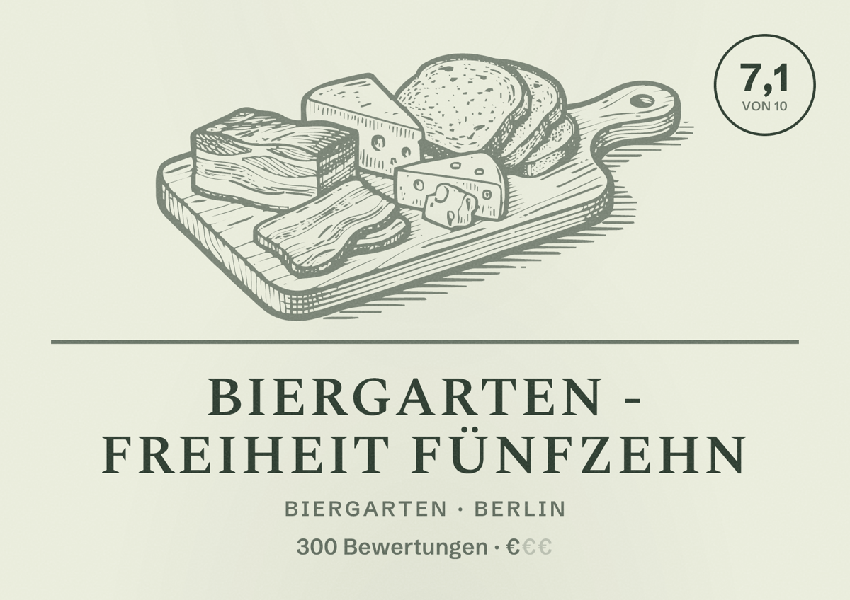 Illustriertes Poster von Biergarten - freiheit fünfzehn, Biergarten in Berlin: Bewertung 7,1 von 10 aus 300 Bewertungen, Preisniveau €