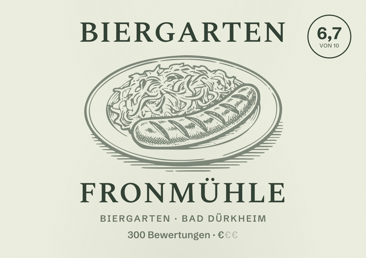 Illustriertes Poster von Biergarten Fronmühle, Biergarten in Bad Dürkheim: Bewertung 6,7 von 10 aus 300 Bewertungen, Preisniveau €