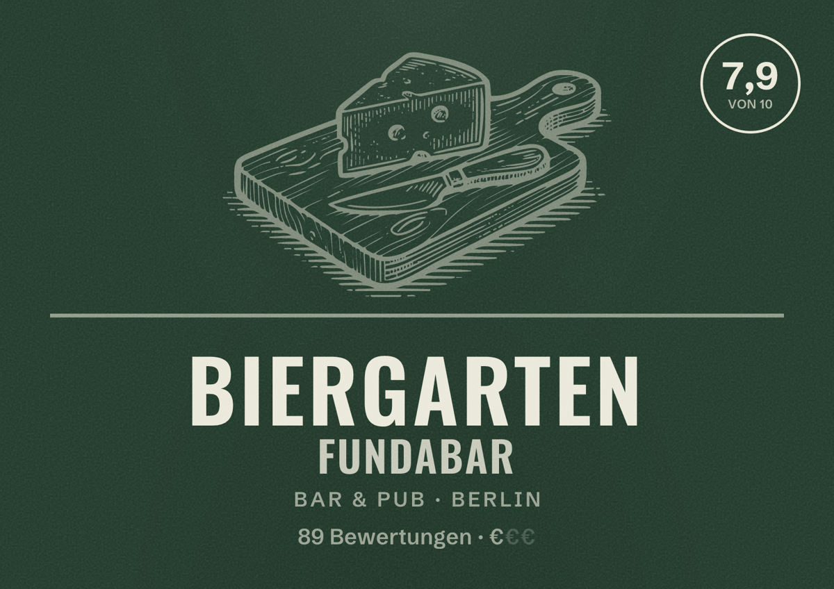Illustriertes Poster von Biergarten Fundabar, Bar & Pub in Berlin: Bewertung 7,9 von 10 aus 89 Bewertungen, Preisniveau €
