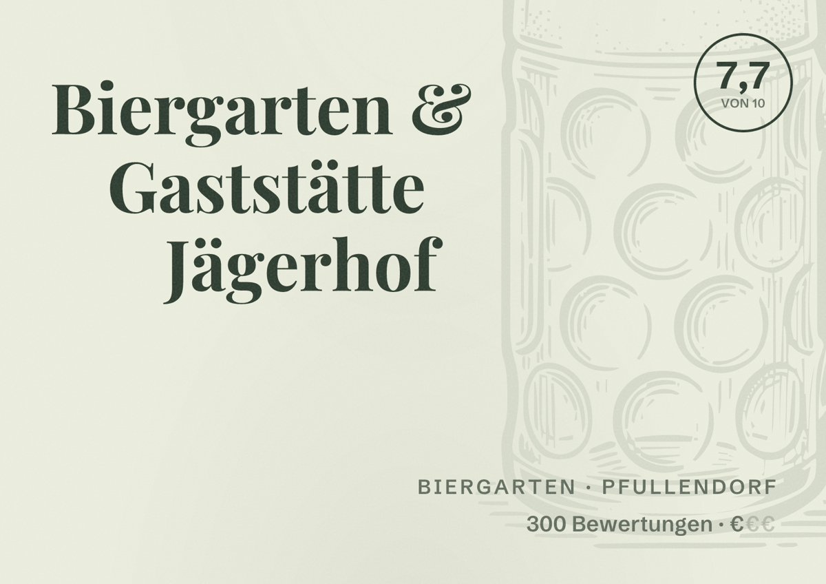Illustriertes Poster von Biergarten & Gaststätte Jägerhof, Biergarten in Pfullendorf: Bewertung 7,7 von 10 aus 300 Bewertungen, Preisniveau €