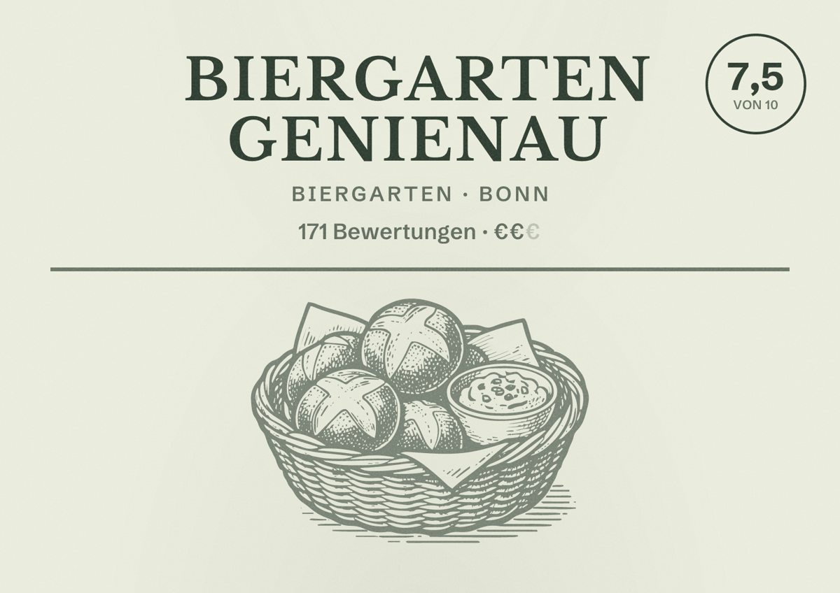Illustriertes Poster von Biergarten Genienau, Biergarten in Bonn: Bewertung 7,5 von 10 aus 171 Bewertungen, Preisniveau €€