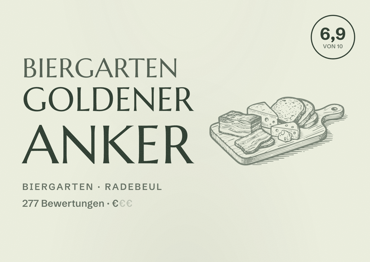 Illustriertes Poster von Biergarten Goldener Anker, Biergarten in Radebeul: Bewertung 6,9 von 10 aus 277 Bewertungen, Preisniveau €