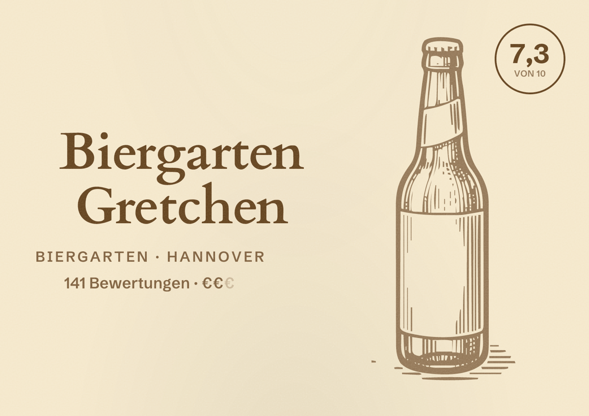 Illustriertes Poster von Biergarten Gretchen, Biergarten in Hannover: Bewertung 7,3 von 10 aus 141 Bewertungen, Preisniveau €€