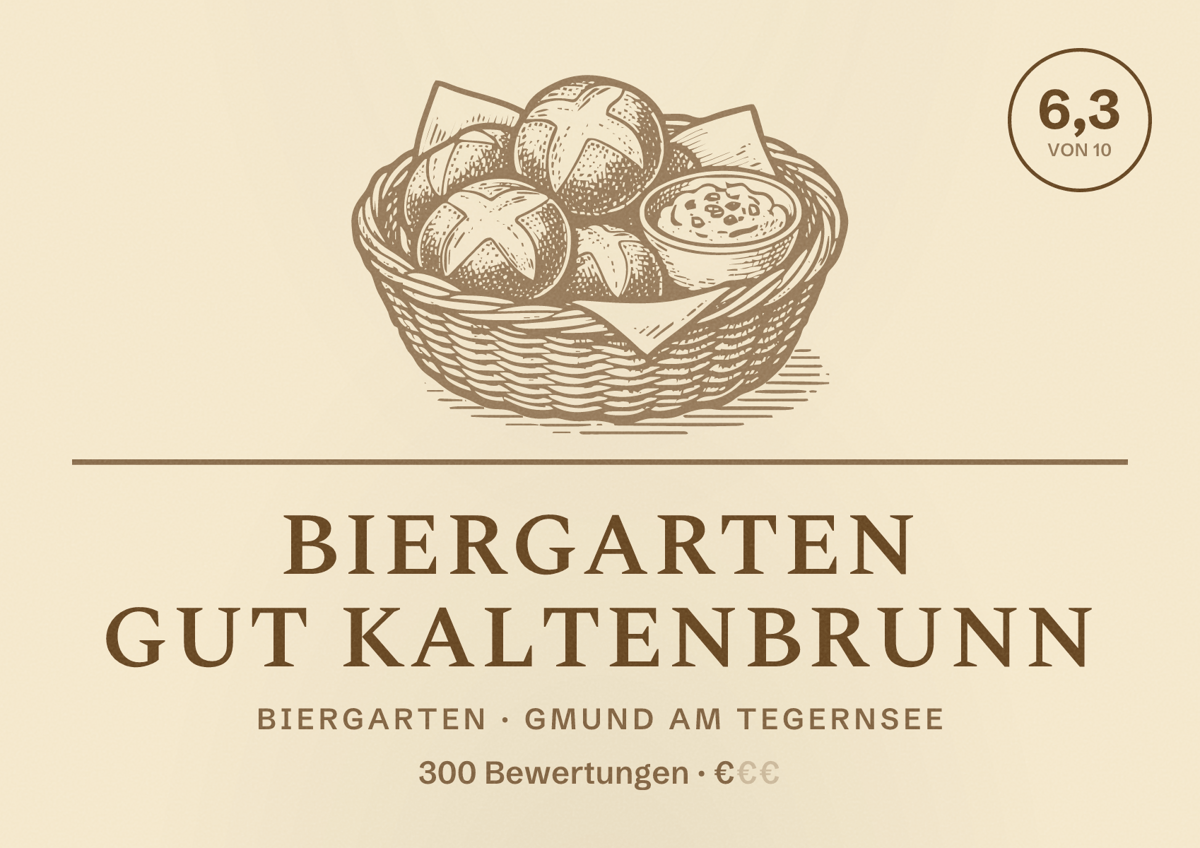 Illustriertes Poster von Biergarten Gut Kaltenbrunn, Biergarten in Gmund am Tegernsee: Bewertung 6,3 von 10 aus 300 Bewertungen, Preisniveau €