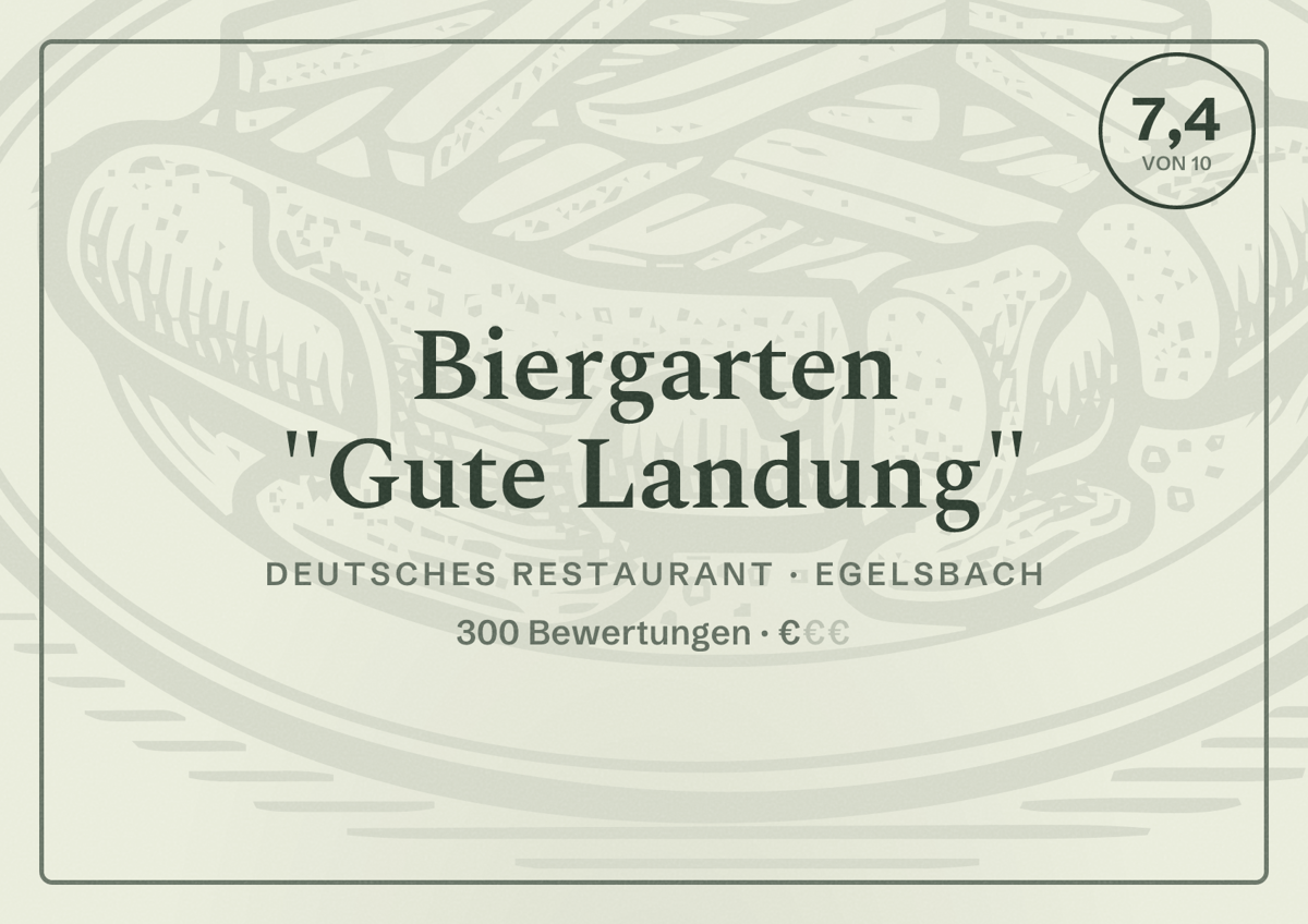 Illustriertes Poster von Biergarten "Gute Landung", Deutsches Restaurant in Egelsbach: Bewertung 7,4 von 10 aus 300 Bewertungen, Preisniveau €