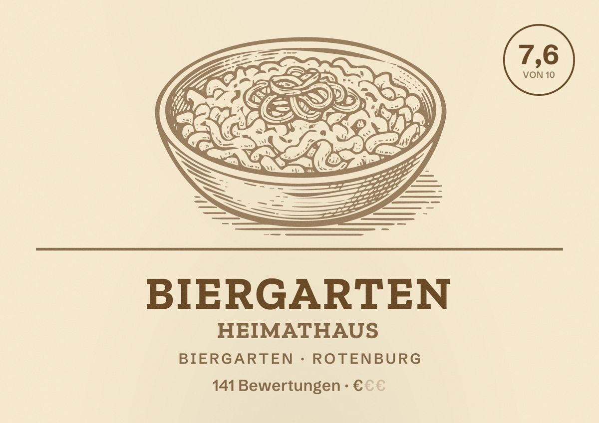 Illustriertes Poster von Biergarten Heimathaus, Biergarten in Rotenburg: Bewertung 7,6 von 10 aus 141 Bewertungen, Preisniveau €